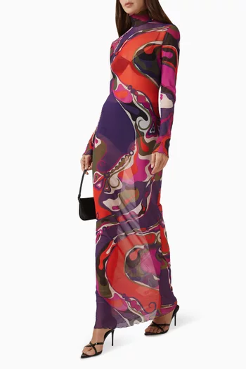 Turtleneck Printed Maxi Dress in Tulle