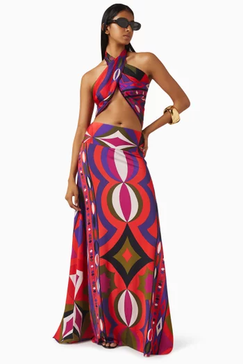 Geometric-print Maxi Skirt in Jersey-satin