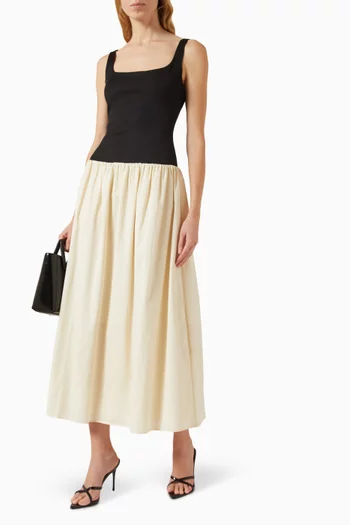 Malorie Contrast-Bodice Midi Dress in Cotton Poplin