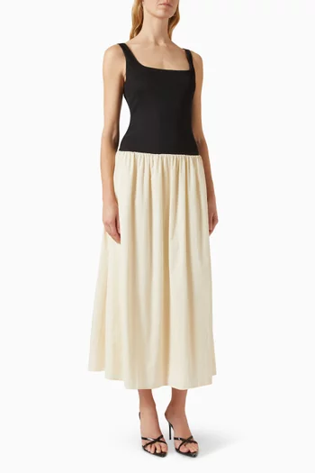 Malorie Contrast-Bodice Midi Dress in Cotton Poplin
