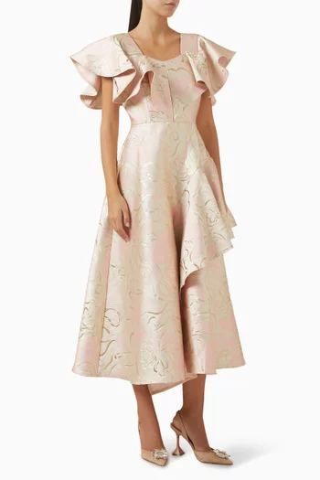 Ruffled-sleeve Midi Dress