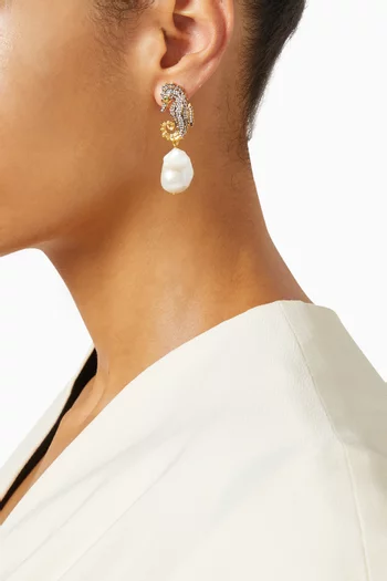 Mini Sea Horse Pearl Earrings in 24kt Gold-plated Bronze
