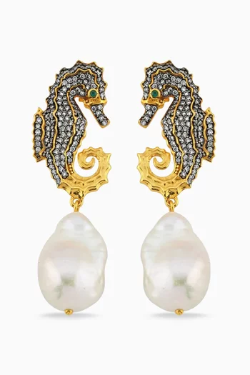 Mini Sea Horse Pearl Earrings in 24kt Gold-plated Bronze