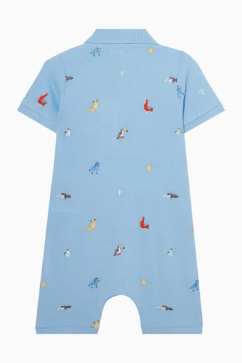 لباس قطعة واحدة بياقة بولو ونقشة حيوانات قطن بيكيه عضوي