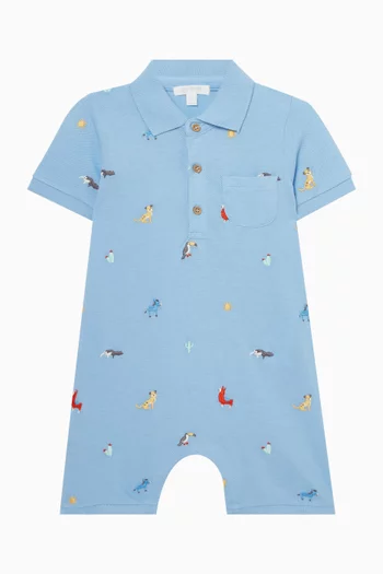 لباس قطعة واحدة بياقة بولو ونقشة حيوانات قطن بيكيه عضوي