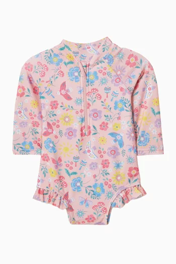 لباس سباحة قطعة واحدة كشكش بنقشة طيور