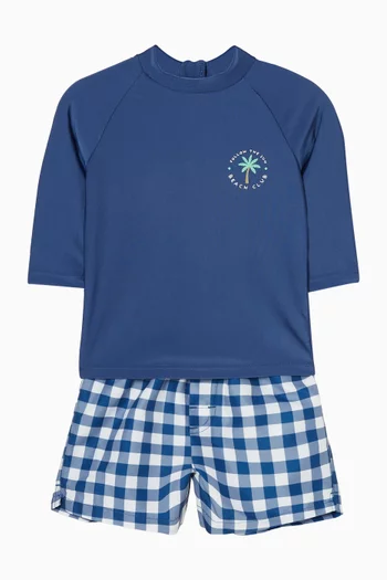 طقم تي شيرت سباحة وشورت بنقشة غينغهام