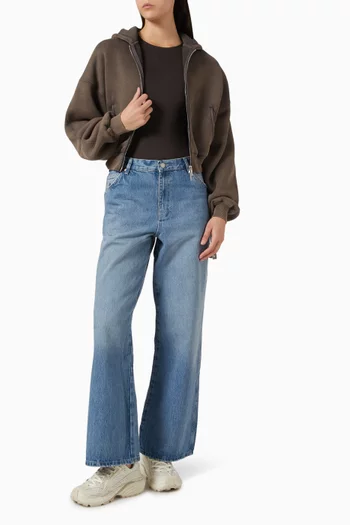 كنزة قصيرة بغطاء رأس بقصة فضفاضة وشعار الماركة صوف