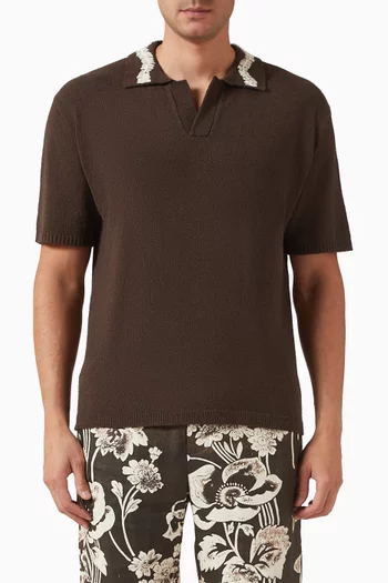 تي شيرت بولو بياقة بنسيج كروشيه يدوي مزيج قطن