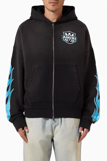 كنزة بغطاء رأس بسحّاب وطبعة شعلة نار صوف قطني