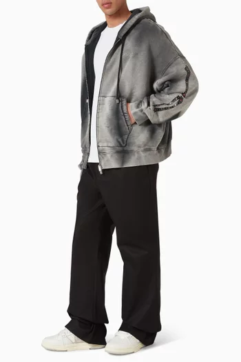 كنزة بغطاء رأس بقصة فضفاضة بشعار عظام وسحّاب وشعار الماركة مطرز صوف قطني