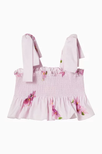 بلوزة بنقشة زهور الزنبق وكشكش قطن