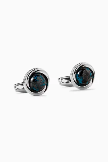 Mobius Chrysocolla Cufflinks in Rhodium-plated Sterling Silver