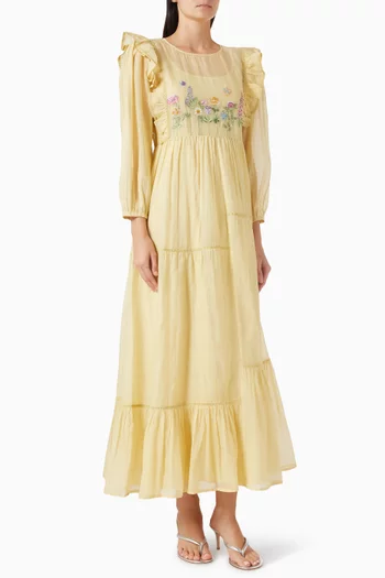 Embroidered Ruffled Maxi Dress in Cotton-silk
