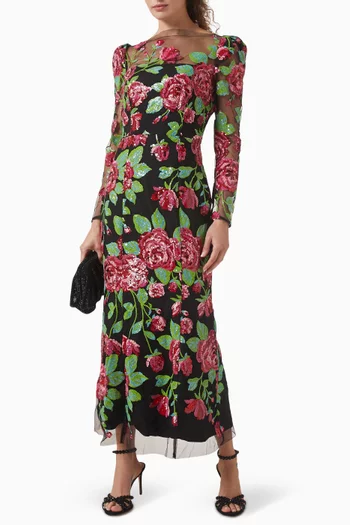 فستان ليرا متوسط الطول مزين بتطريزات قماش شبكي