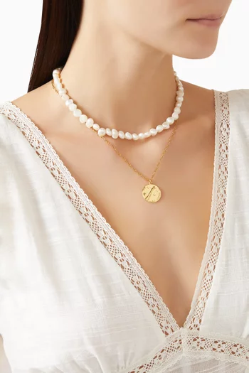 قلادة سيلو بتصميم طبقتين مرصعة باللؤلؤ برونز مطلي ذهب عيار 18