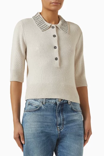 Embellished Polo Sweater in Knit