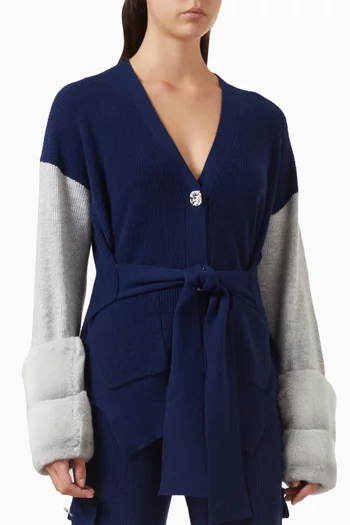 كارديغان بتصميم مقسم بالألوان فرو وصوف وكشمير