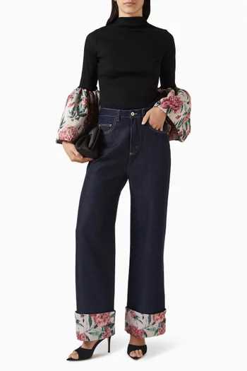 Brocade Turn-up Jeans in Denim