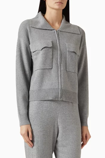 Collared Zip-up Cardigan in Plain-knit