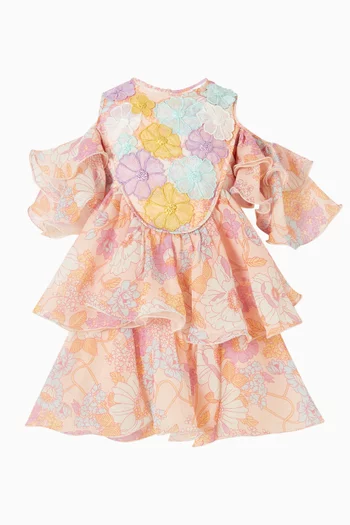 فستان مزين بنقشة وكتف مكشوف شيفون