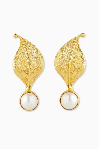 Leaf Pearl Earrings in Plated Metal