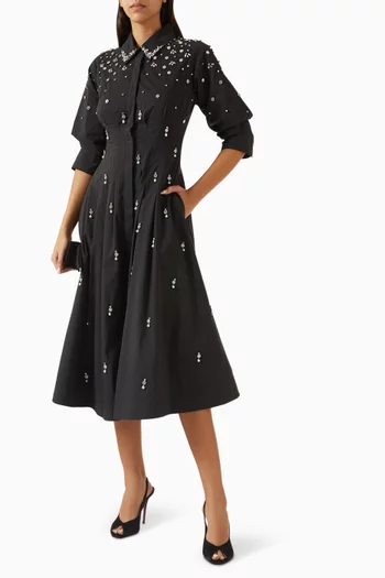 فستان جاز بطيّات ومطرز مزيج قطن