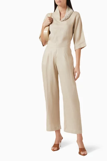 Pearl-embellished Top & Pants Set in Linen