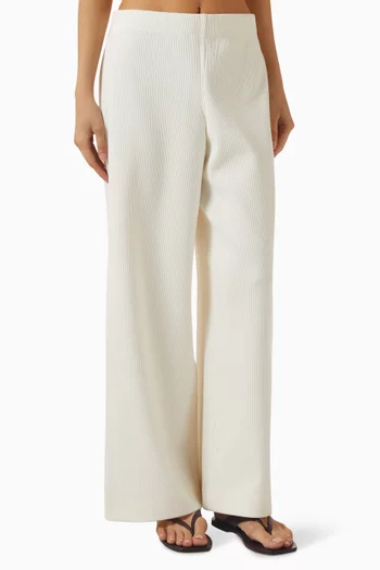 بنطال قطن مخملي مضلع بقصة ساق واسعة