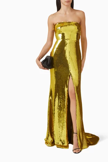 فستان بفتحة رقبة بلا حمالات ومطرز بالترتر