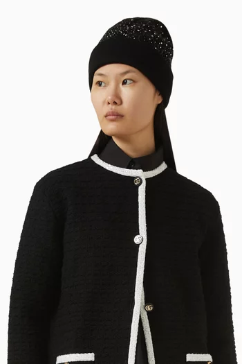 قبعة بيني بنقشة شعار حرفي GG مطرزة بالكريستال صوف