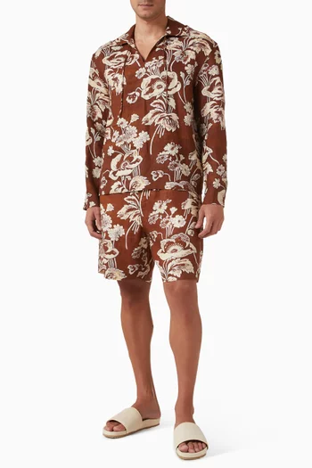 قميص برباط في الأمام ونقشة زهور فاوانيا كتان