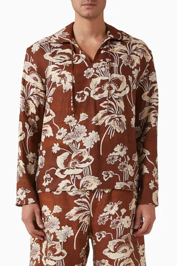 قميص برباط في الأمام ونقشة زهور فاوانيا كتان