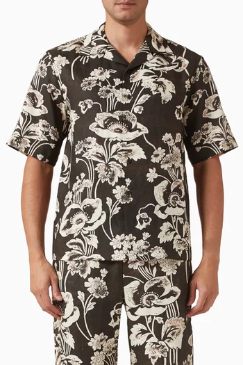 Painted Peonies Bowling Shirt in Linen