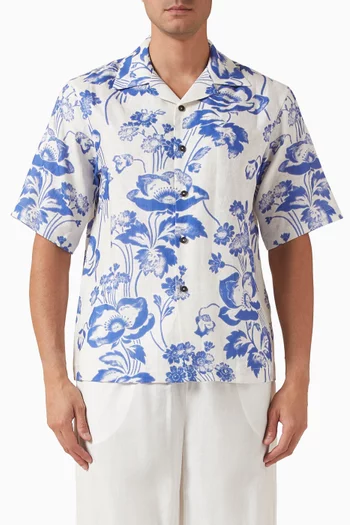 Painted Peonies Bowling Shirt in Linen