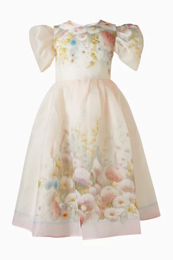 Floral Puff-sleeves Dress in Organza