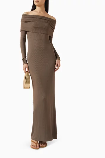 Off-shoulder Fluid Dress in Rib Silk