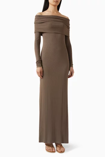 Off-shoulder Fluid Dress in Rib Silk