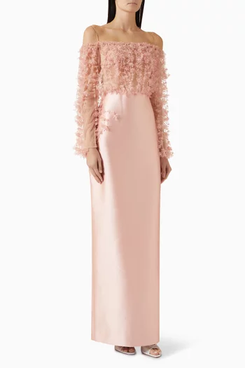 فستان سهرة ايفيت مزين بتطريزات تول وتفتا