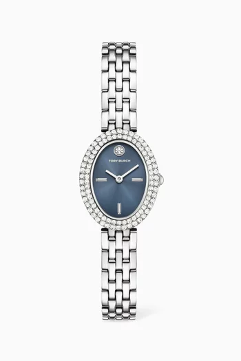 Oval Pavé Quartz Stainless Steel Watch, 22 x 28mm