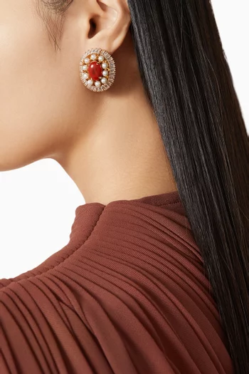 Crystal & Stone Stud Earrings in Gold-plated Brass