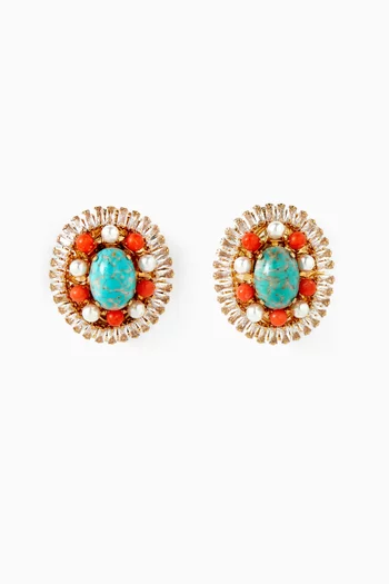 Crystal & Stone Stud Earrings in Gold-plated Brass