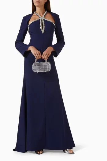 فستان سهرة بفتحة في الخلف وتطريزات كريب