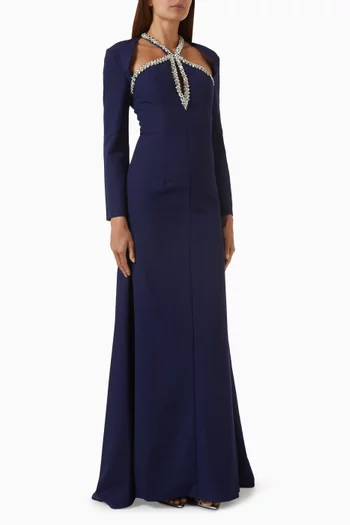 فستان سهرة بفتحة في الخلف وتطريزات كريب