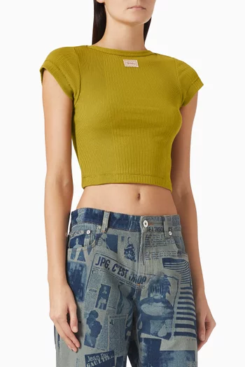 تي شيرت قصير برقعة بشعار الماركة قطن