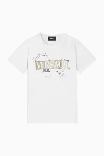 تي شيرت بطبعة شعار الماركة ورسومات يدوية قطن جيرسيه