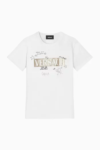 تي شيرت بطبعة بشعار الماركة ورسومات قطن