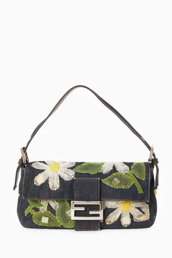 2000s Mesh Flower Appliqué Baguette Shoulder Bag in Denim