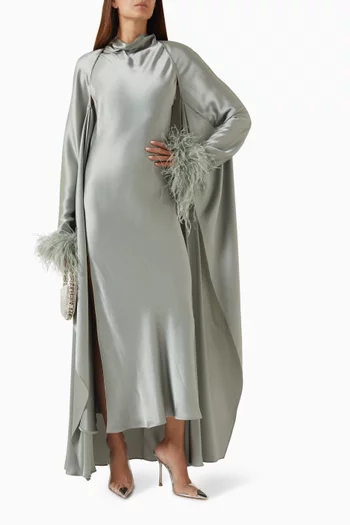 Long-sleeve Ostrich Cuff Kaftan in Satin