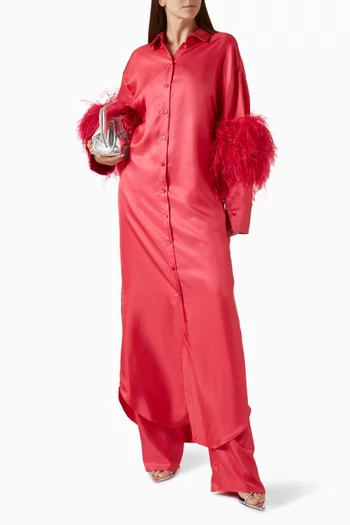 Feather Button-down Maxi Dress in Silk